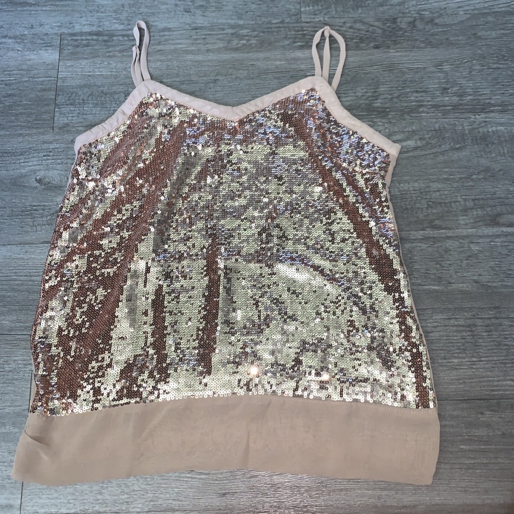 Forever 21 Sequin Sheer Back Spaghetti Strap Camisole Top Taupe Size M